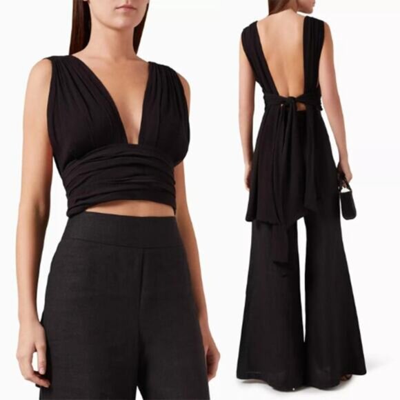 NWT Just Bee Queen Plunge V-Neck Sara Crop Top Cotton Blend in Black - Picture 7 of 7